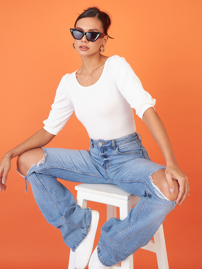 [ULSS19TP09-38-166-02] Solid Stretchable Round Neck Puff Sleeve Top (S, White)