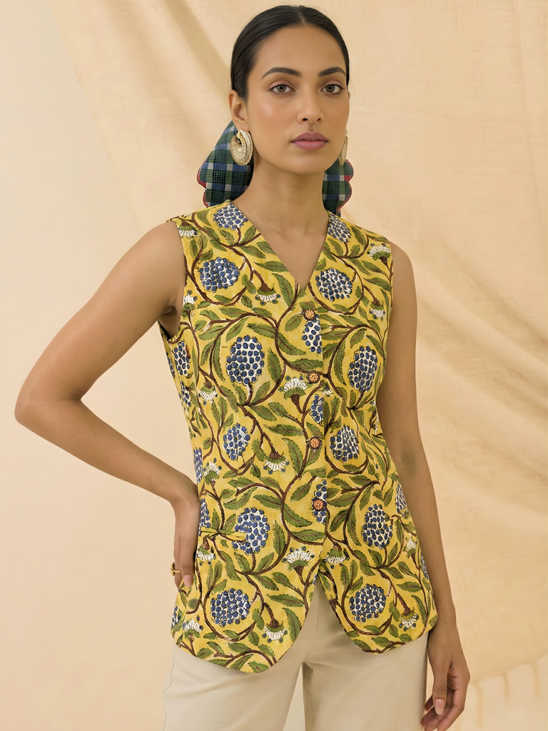 [ULSS25TP21-79-844-02] Pure Cotton Printed Waistcoat (S, Yellow)