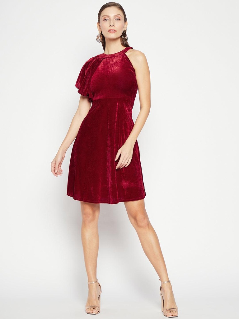 [ULSS22DR12-37-087-02] Ruffle Detail Stretchable Velvet Skater Dress (S, Maroon)