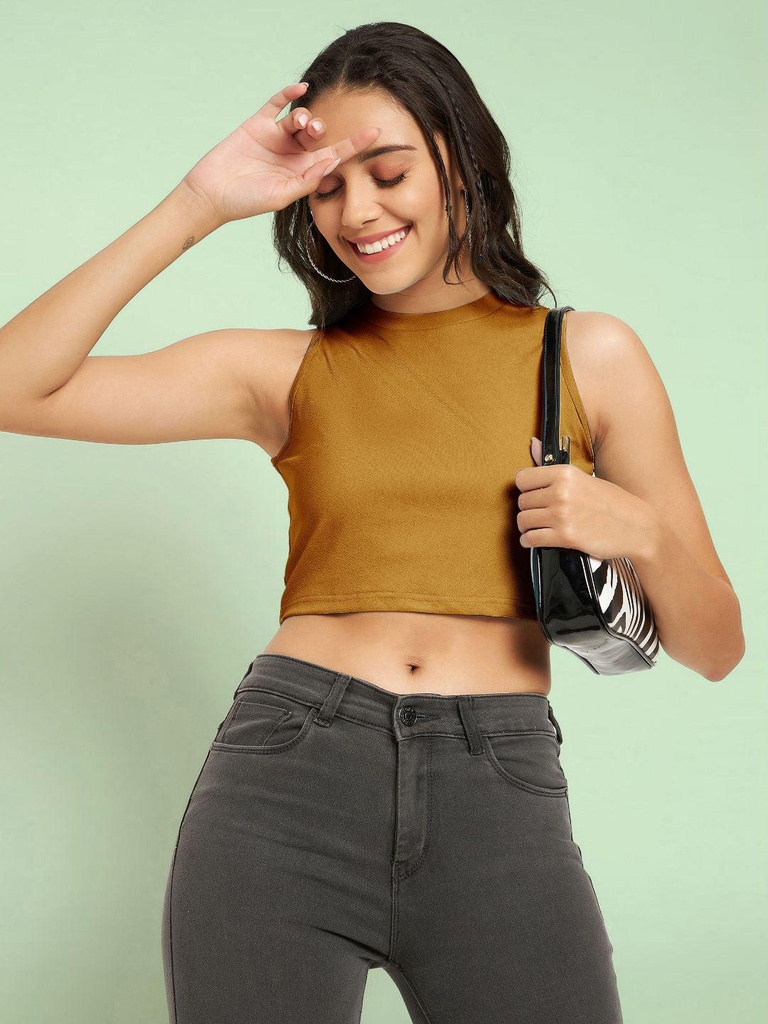[ULSS22tp12-14-169-02] Stretchable High Neck Crop Top (S, Mustard)