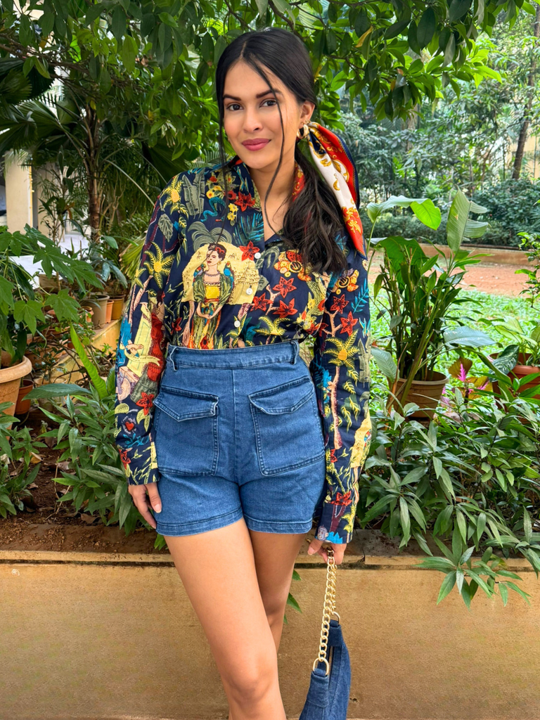 [ULSS23TP17-34-855-02] Printed Cotton Shirt (S, Dark Blue)