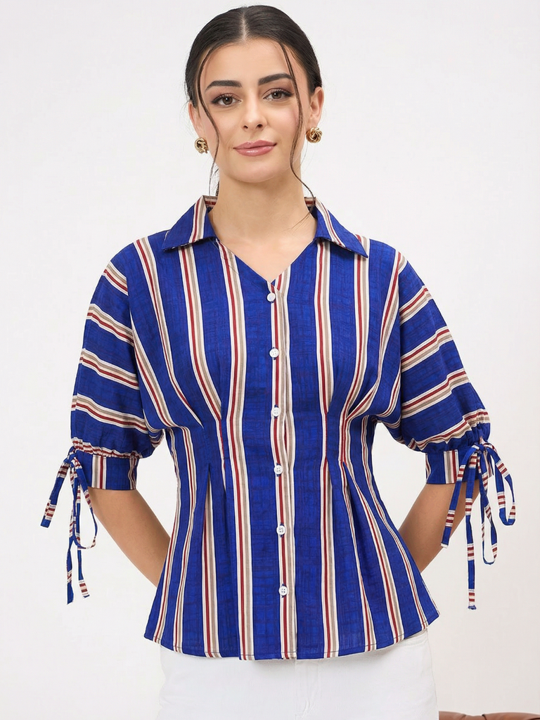 [ULSS25TP21-04-772-02] Puff Sleeve Waisted Shirt (S, Navy Blue)