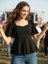 Stretchable Puff Sleeves Peplum Top