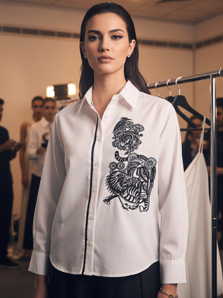 Embroidered Contrast Lace Detailing Linen Shirt