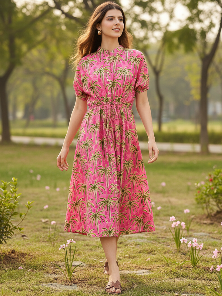 [ULSS25DR20-67-277-02] Cotton Side Waist Tie-Up Midi Dress (S, Pink)