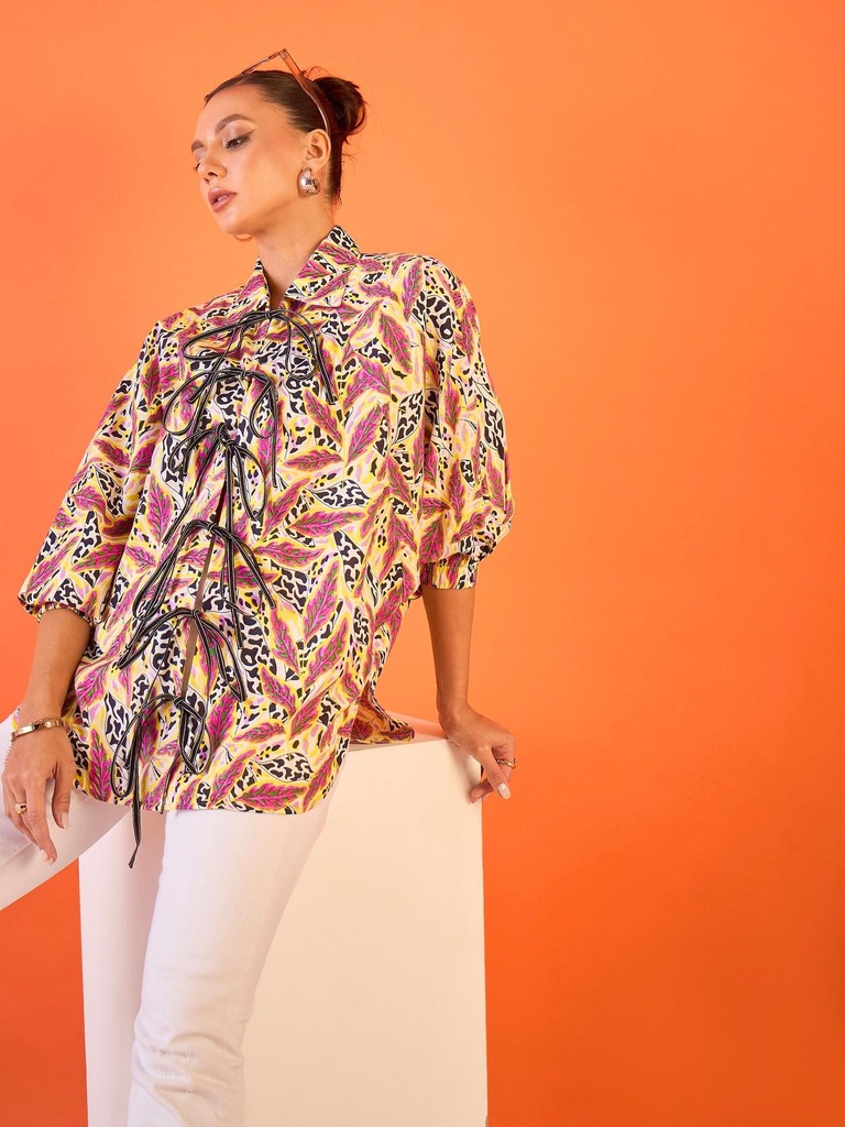 [ULSS24TP18-09-878-02] Printed Tie-Up Cotton Shirt (S, Yellow)