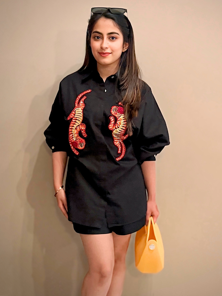 [ULSS23CM17-70-013-02] Two Piece Cotton Shorts & Sequinned Shirt Co-ord Set (S, Black)
