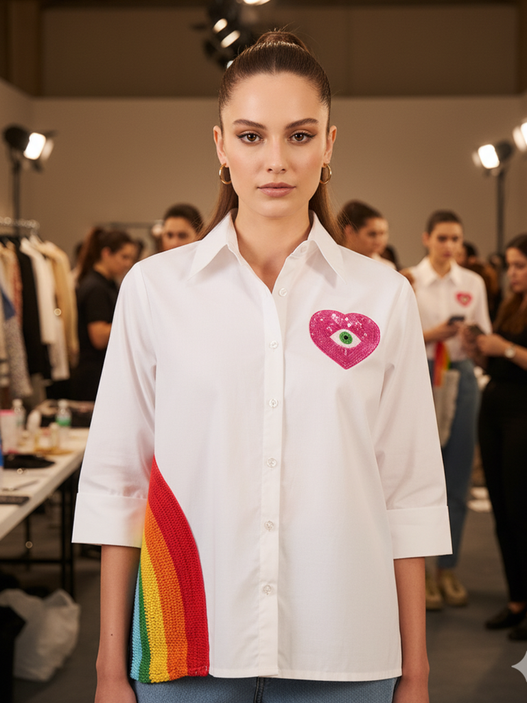 [ULSS25TP20-27-166-02] Cotton Boxy Shirt With Rainbow Crochet (S)