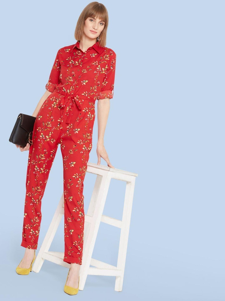 [ULSS16DR03-14-713-02] Floral Roll Up Jumpsuit (S, Red)