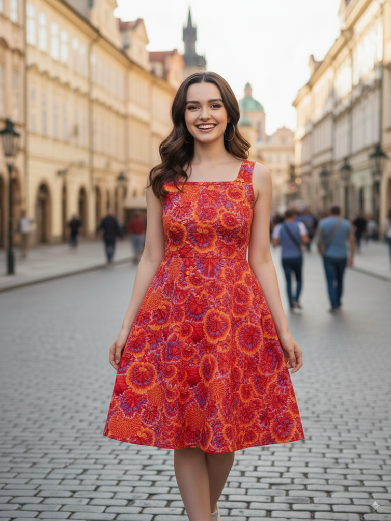 [ULSS22DR12-29-790-02] Sleeveless Round Neck Stretchable Skater Dress (S, Abstract Multicolor Floral Print)
