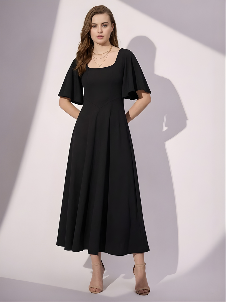 Stretchable Ruffled Sleeve Fit & Flare Dress