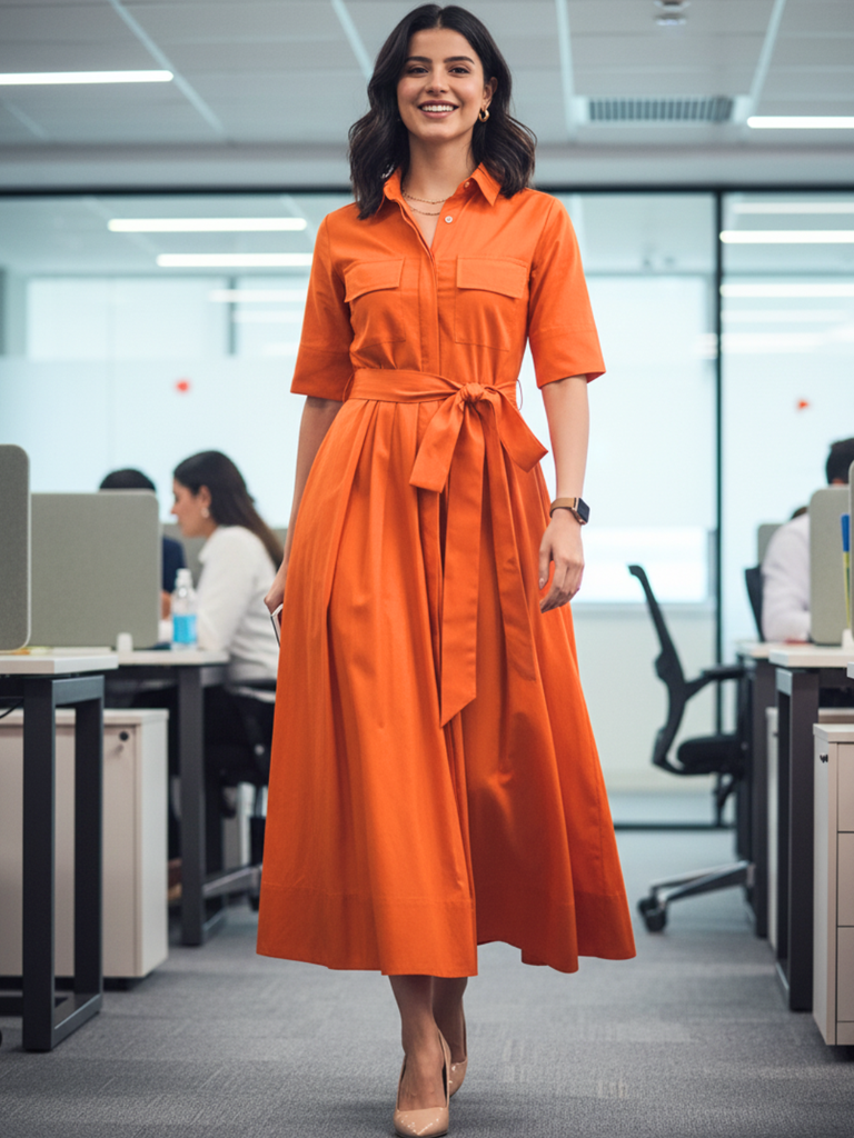 [ULSS25DR19-96-044-02] Pure Cotton Flared Shirt Dress With Belt (S, Orange)