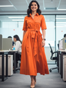 Pure Cotton Flared Shirt Dress With Belt