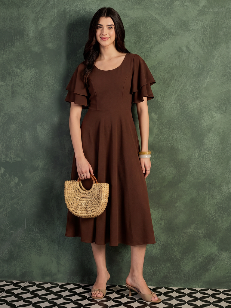 [ULSS26DR21-91-310-02] Stretchable Ruffled Sleeve Fit & Flare Dress (S)