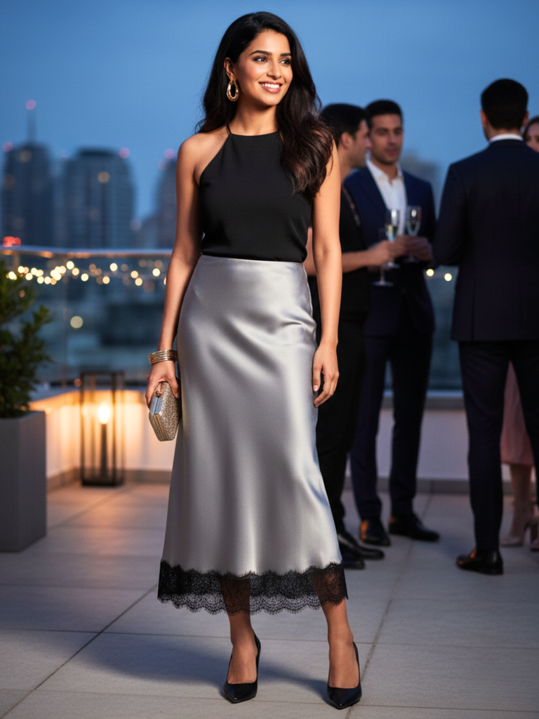 Lace Satin Midi Skirt