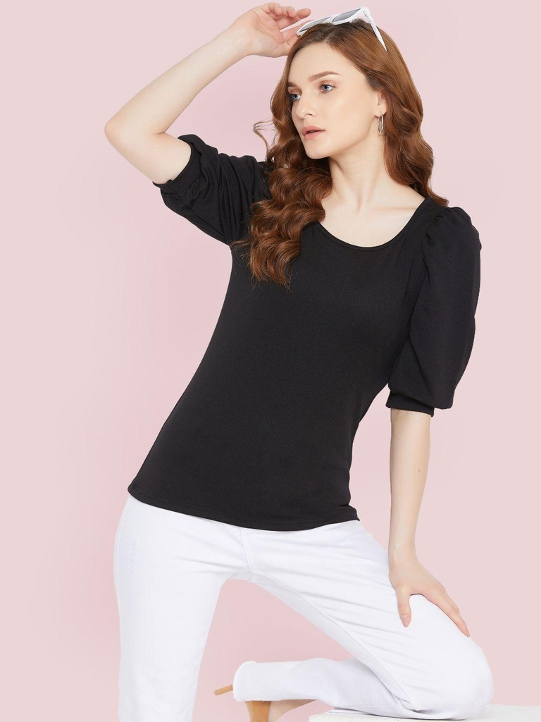 [ULSS19TP09-38-013-02] Solid Stretchable Round Neck Puff Sleeve Top (S, Black)