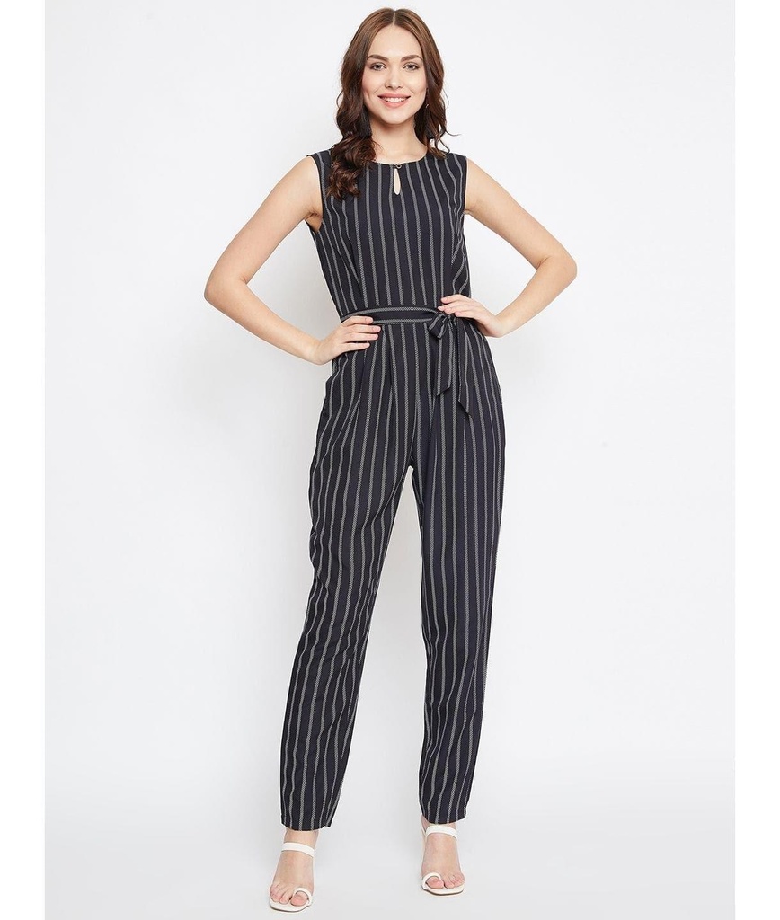 [ULSS16DR03-20-444-02] Striped Keyhole Jumpsuit with Belt (S, Black)