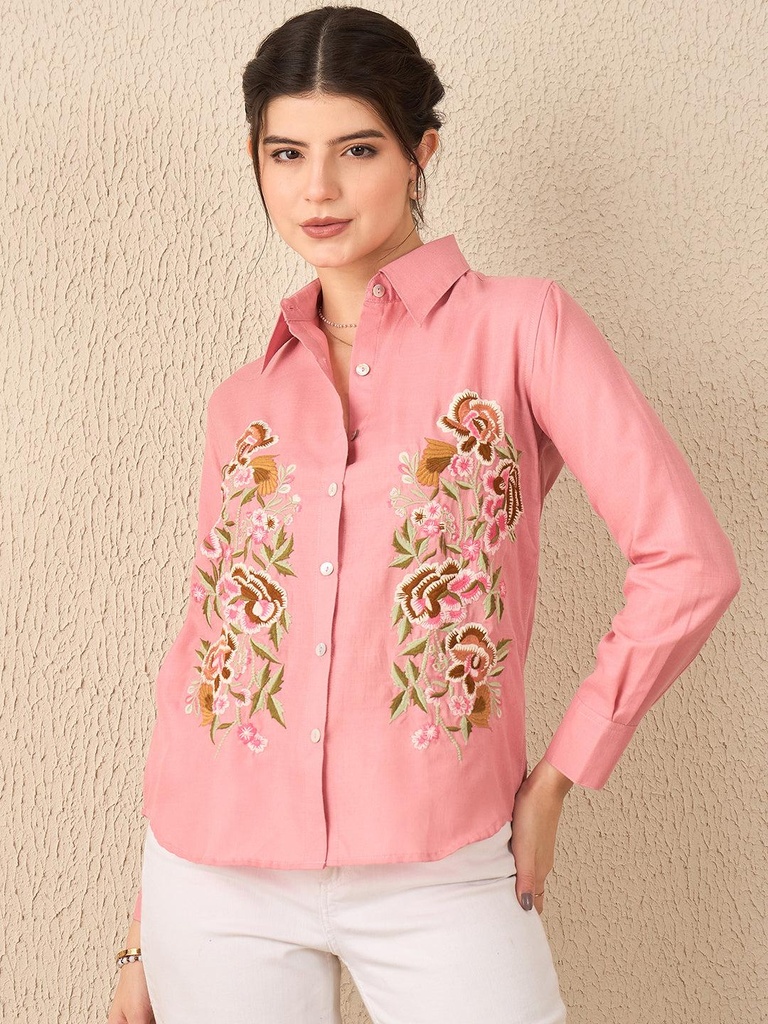 [ULSS24TP19-44-177-02] Floral Embroidered Linen Shirt (S, Pink)