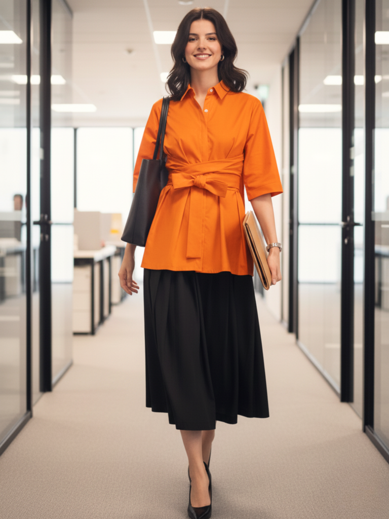 [ULSS25TP19-78-044-02] Cotton Tie Up Cape Shirt (S, Orange)