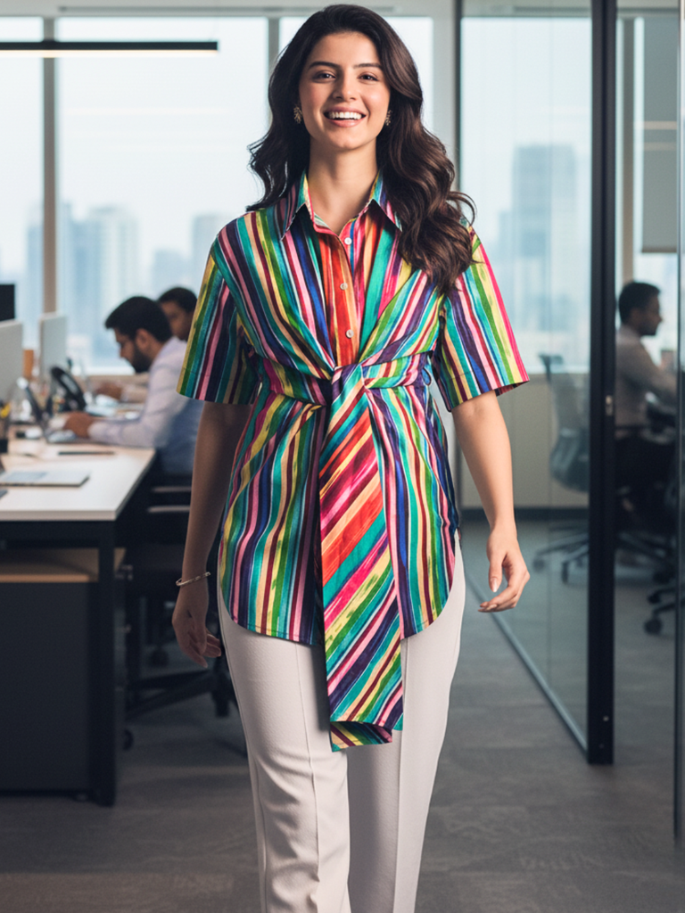 [ULSS25TP20-58-273-02] Front Tie-Up Cotton Shirt (S, Multicolor)