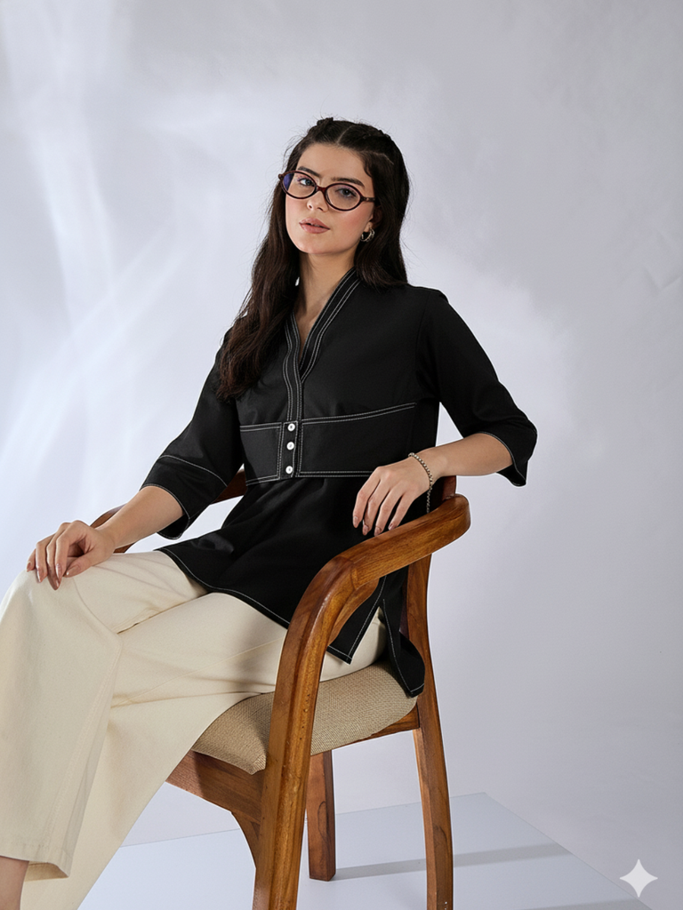[ULSS25TP20-54-013-02] Corset Panelled Cotton Shirt (S, Black)