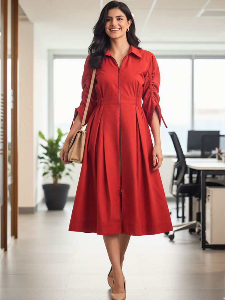 [ULSS25DR20-45-121-02] Cotton Zip Dress With Gathered Tie-Up Sleeves (S, Red)
