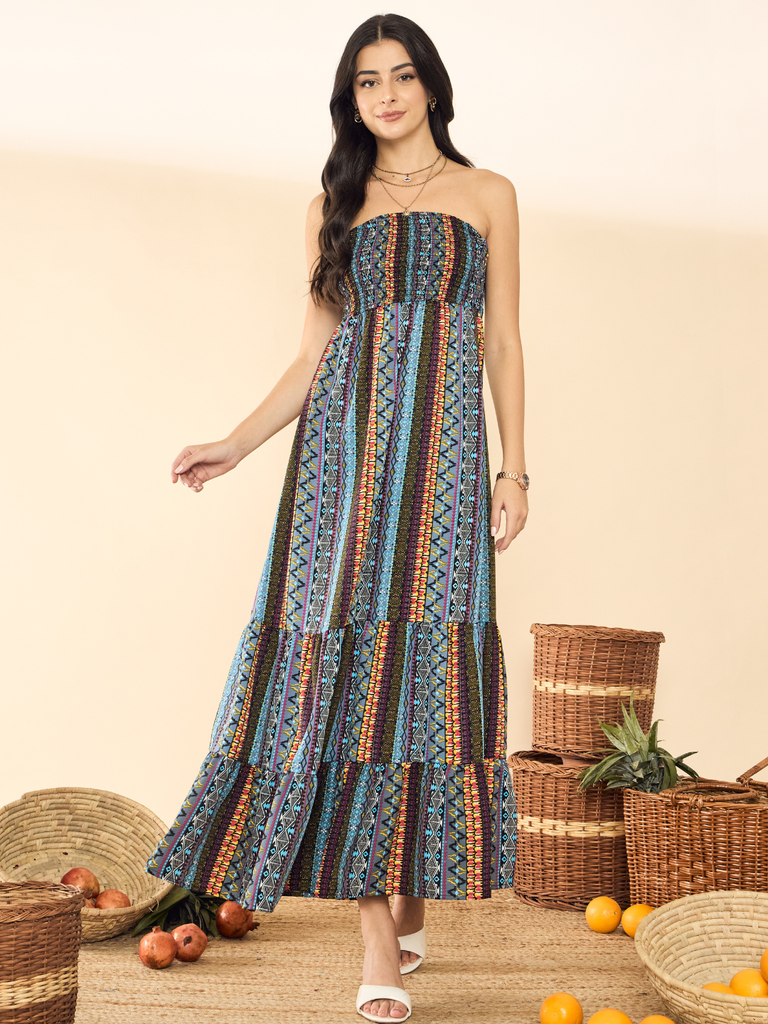 [ULSS25DR19-64-796-02] Strapless Smocked Maxi Dress (S, Blue)