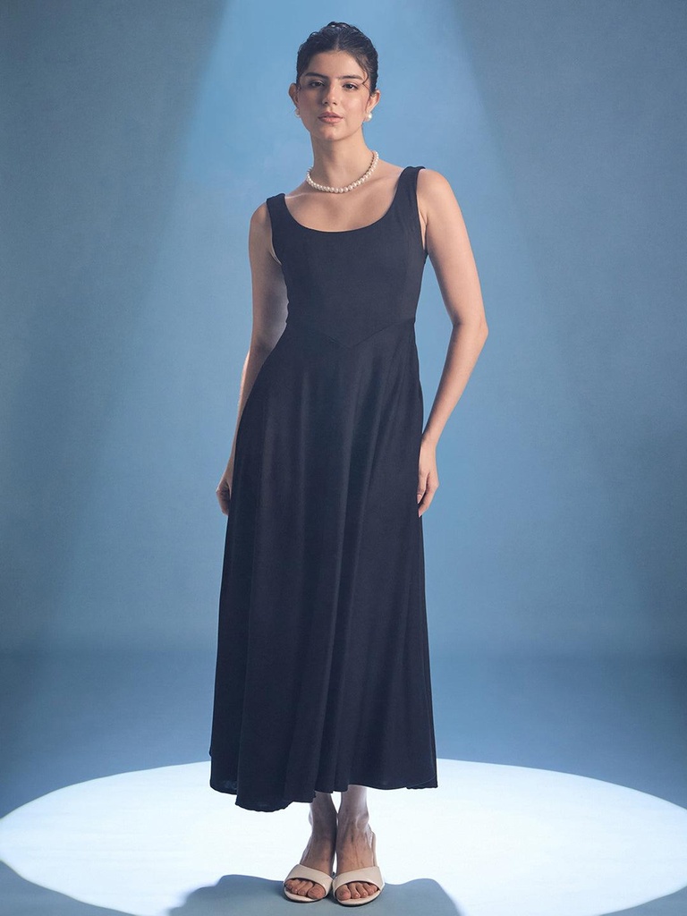 [ULSS25DR20-59-013-02] Stretchable Corset Fit & Flare Midi Dress (S, Black)