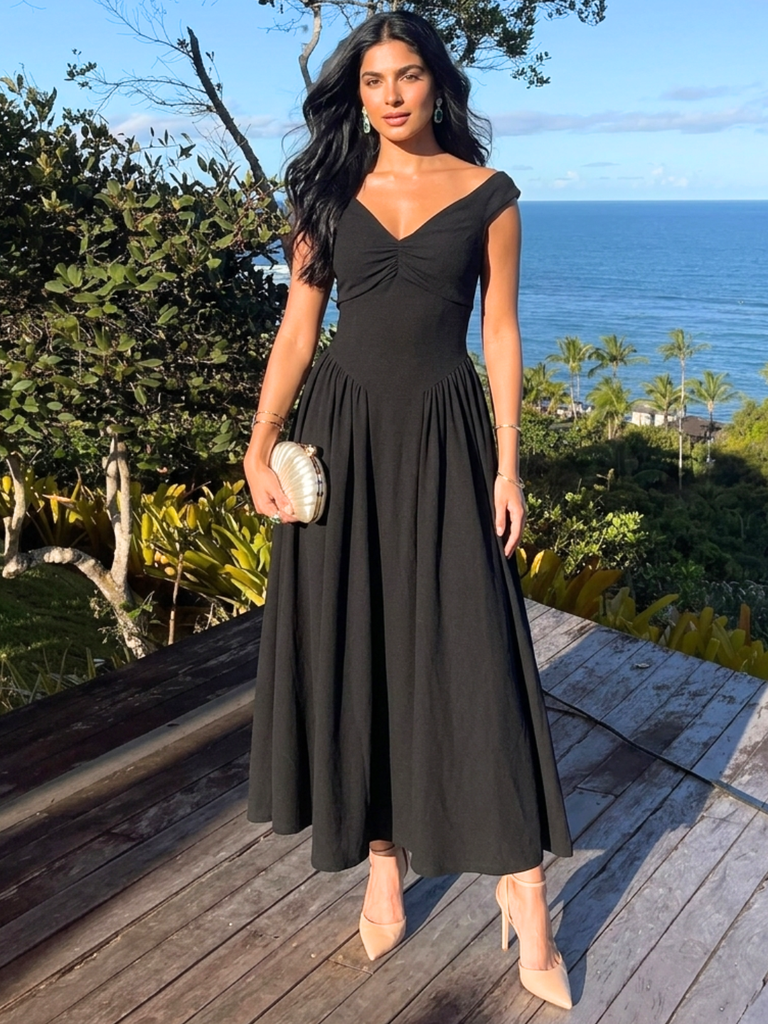 [ULSS25DR20-66-013-02] Stretchable One Shoulder Drop Waist Maxi Dress (S, Black)