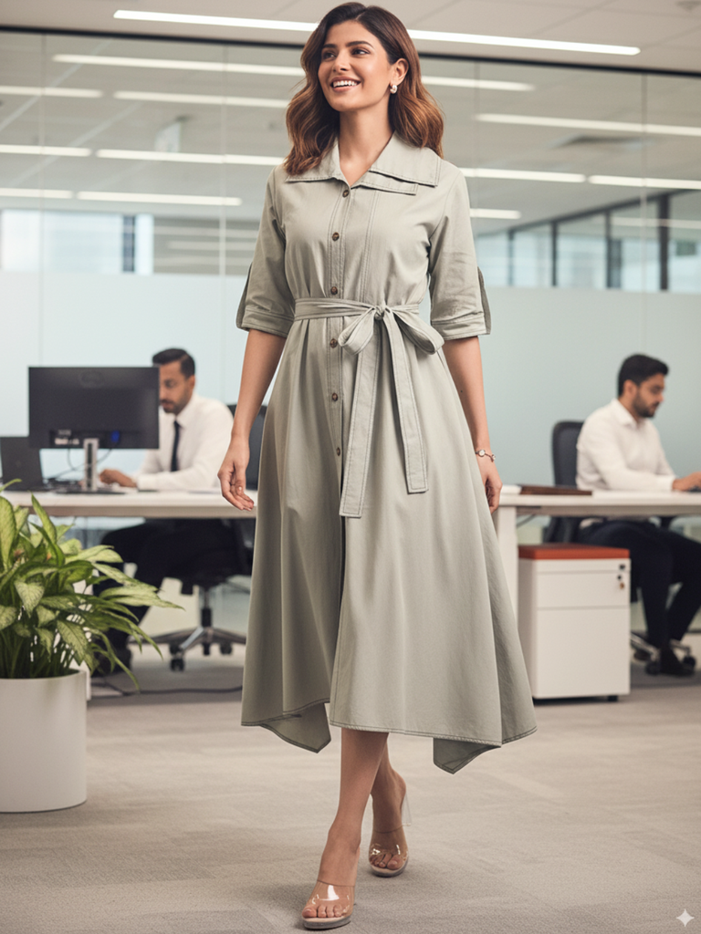 Cotton Asymmetrical Contrast Stitch Shirt Dress