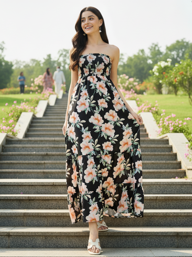 [ULSS25DR19-64-748-02] Strapless Smocked Maxi Dress (S, Black)