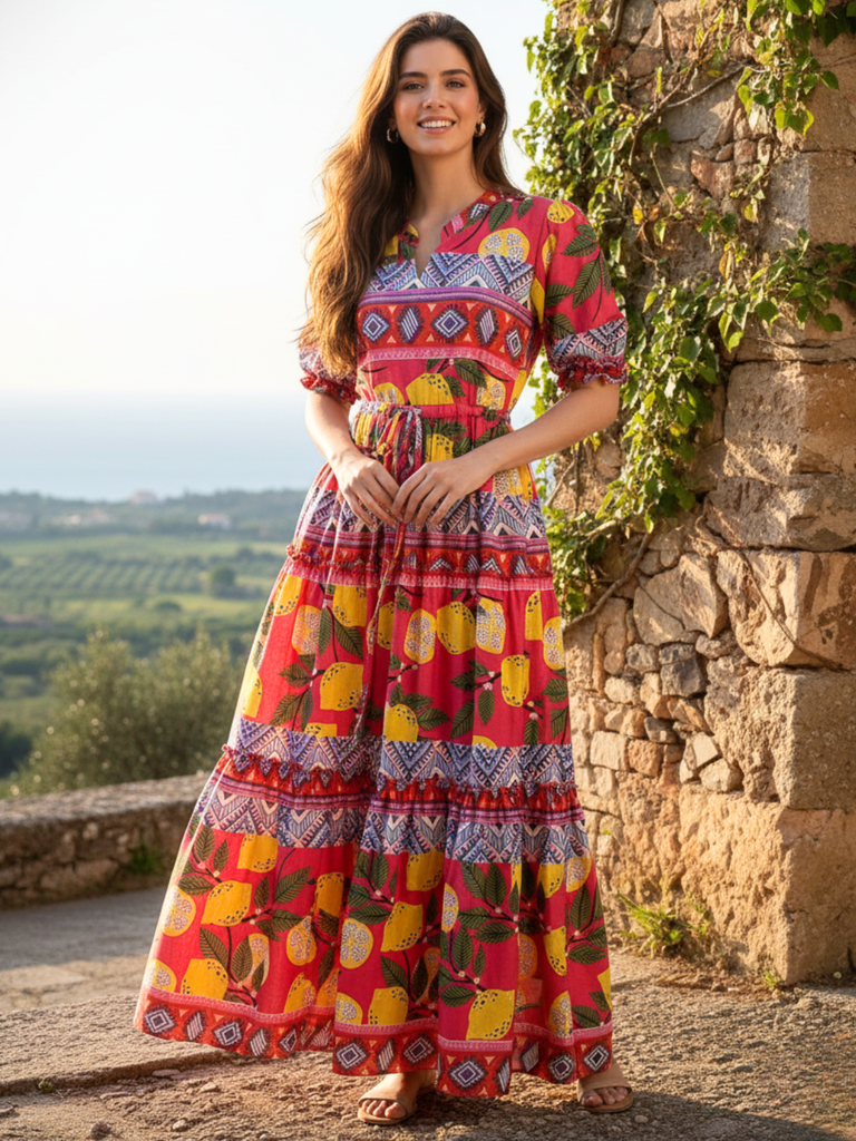 [ULSS25DR20-55-933-02] Puffed Sleeve Tiered Cotton Maxi Dress (S, Red)