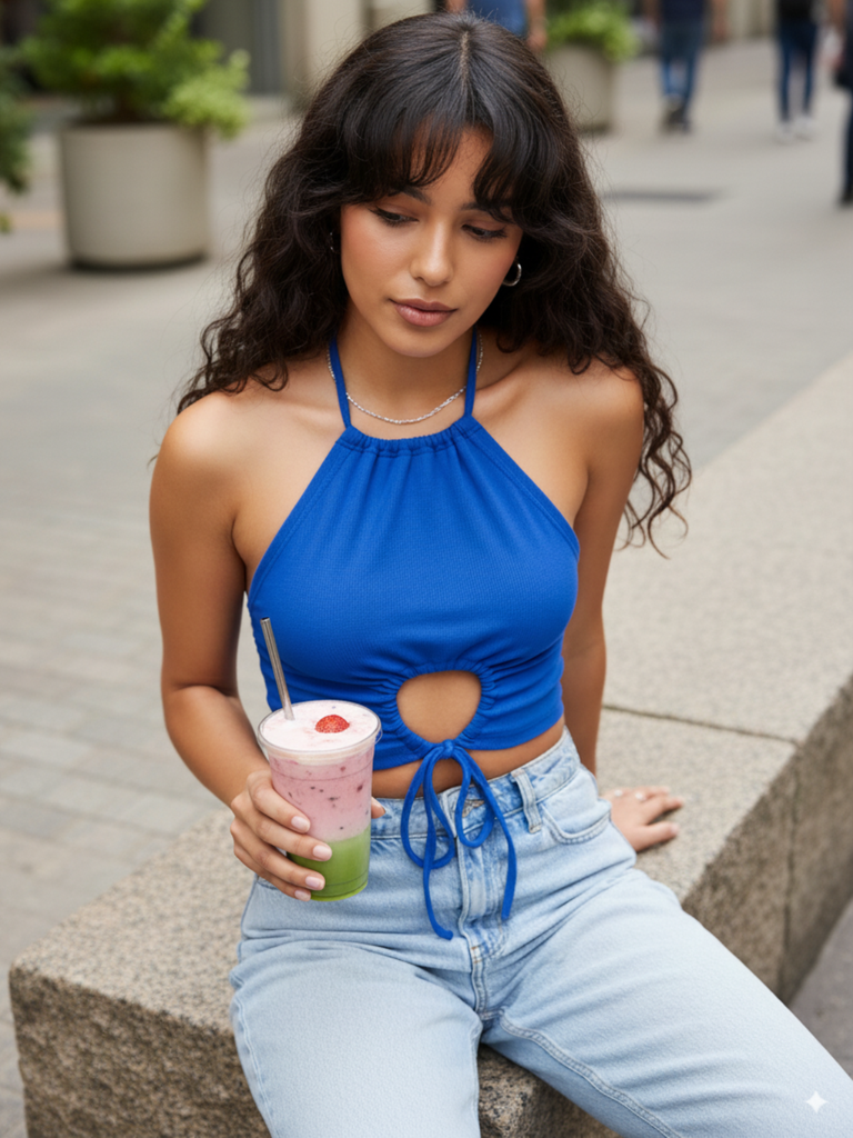 Stretchable Halter Strappy Cutout Ribbed Top