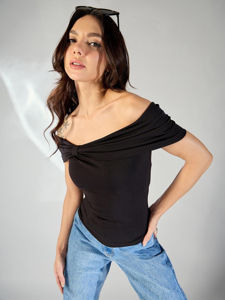 [ULSS24TP19-23-013-02] Stretchable Bow Bardot Top (S, Black)