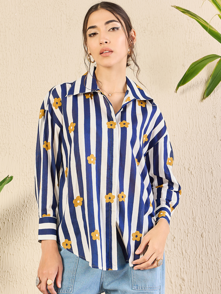 [ULSS24TP18-08-967-02] Printed Asymmetrical Cotton Shirt (S, Blue & White Stripe)