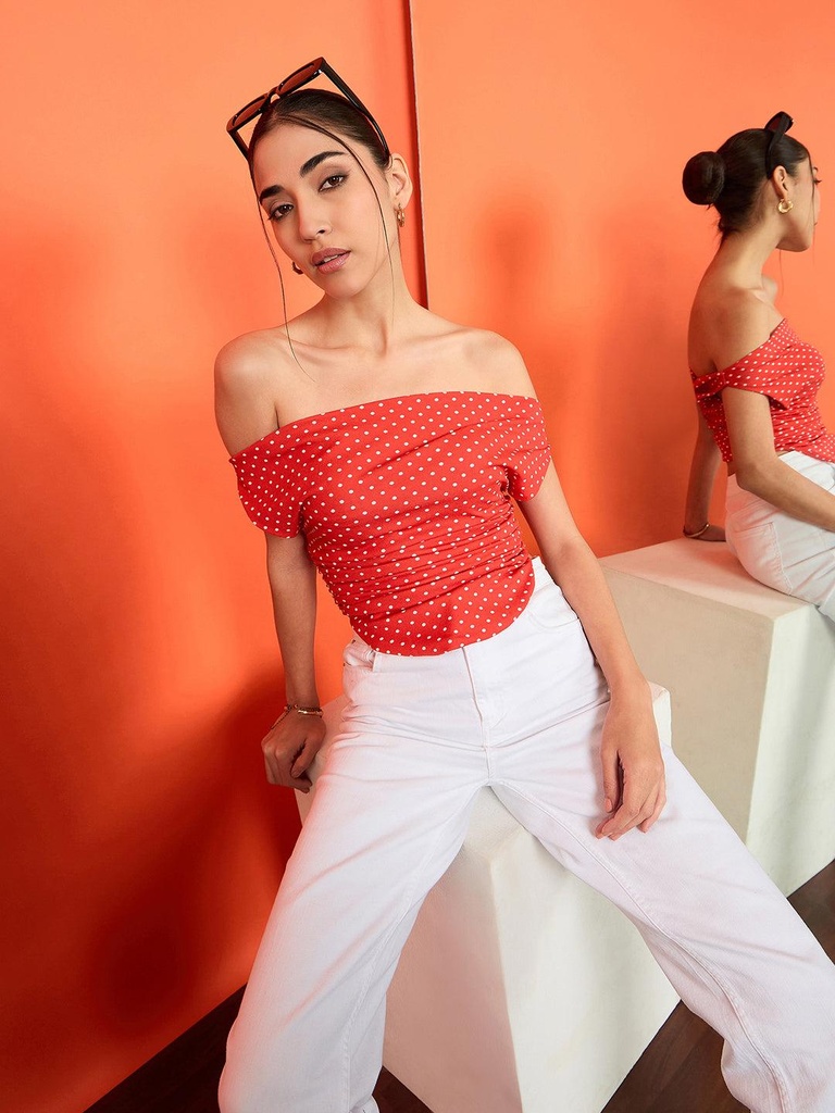 [ULSS23TP17-09-767-02] Printed Stretchable Draped Crop Top (S, Red)
