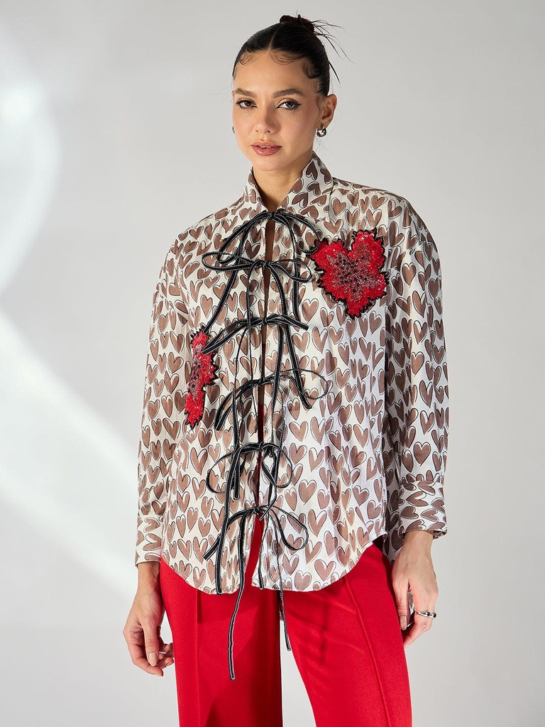 [ULSS24TP18-17-210-02] Printed Tie-Up Full Sleeve Sequinned Cotton Shirt (S, Brown)