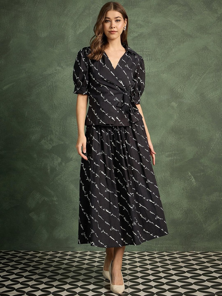 [ULSS25CM21-56-304-02] Pure Cotton Wrap-Tie Co-ord Set (S, Black)