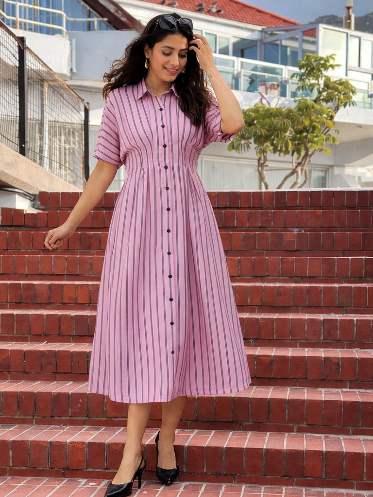 [ULSS25DR21-78-330-02] Pure Linen Pin-Tucked Midi Dress (S)