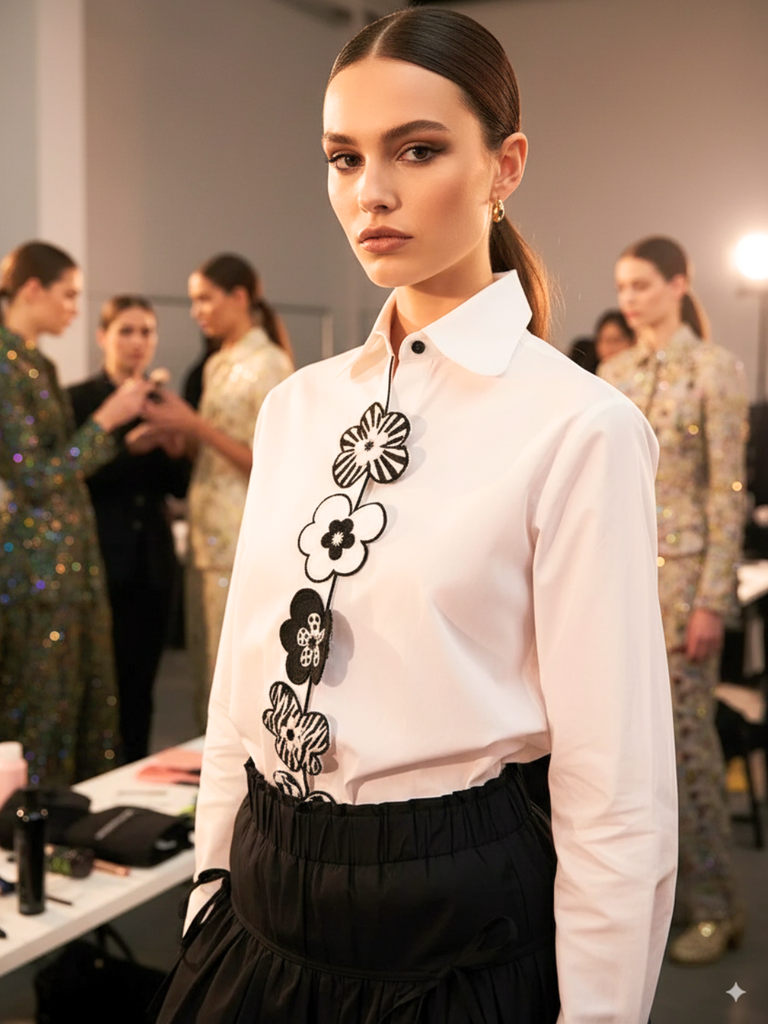 [ULSS24TP19-42-166-02] Embroidered Applique Cotton Shirt (S, Black)