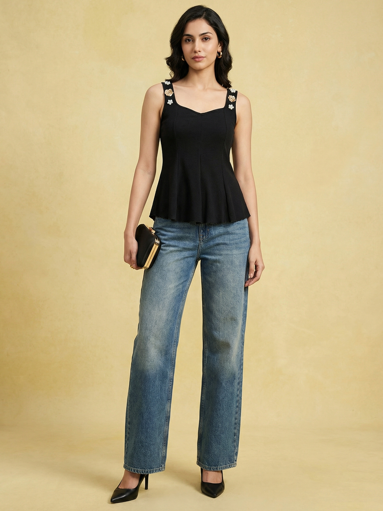 [ULSS25TP21-63-013-02] Stretchable Ribbed Embellished Peplum Top (S, Black)