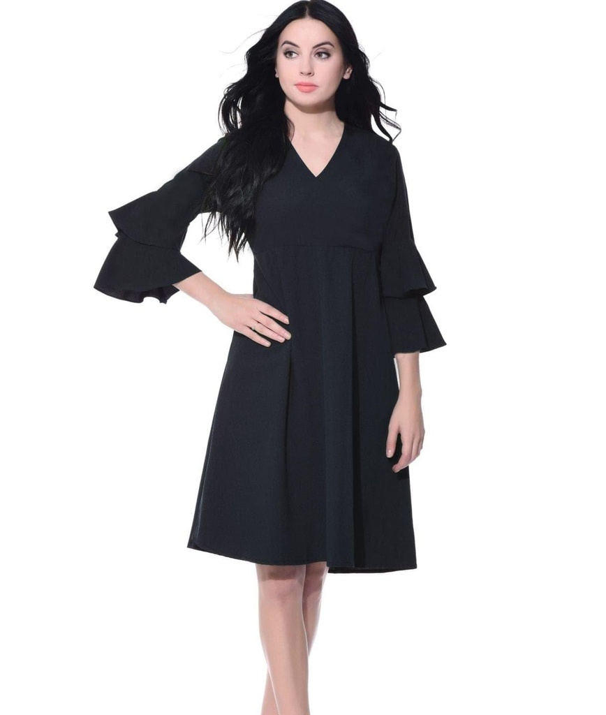 [ULFM16DR05-10-013-02] Wrap Bell Sleeves Skater Dress (S, Black)