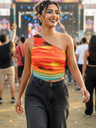 Printed Stretchable One Shoulder Top with Gathered Sides