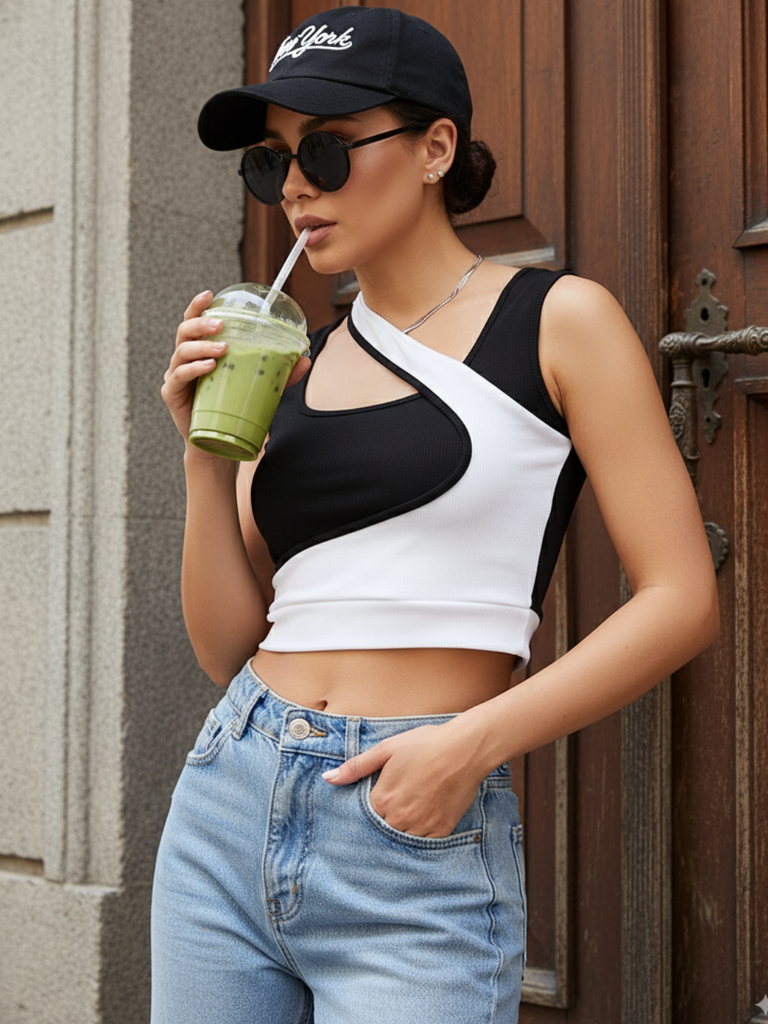 [ULSS24TP18-12-013-02] Stretchable Sleeveless Dual-Ribbed Top (S, Black & White)