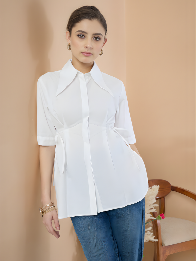 [ULSS25TP21-92-166-02] Pure Cotton Cinched Waist Collared Shirt (S, White)