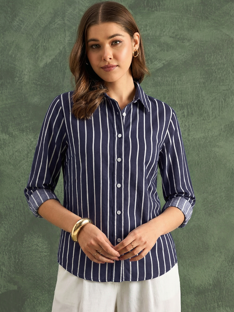 [ULSS25TP21-44-346-02] Pure Cotton Striped Shirt (S, Dark Blue)