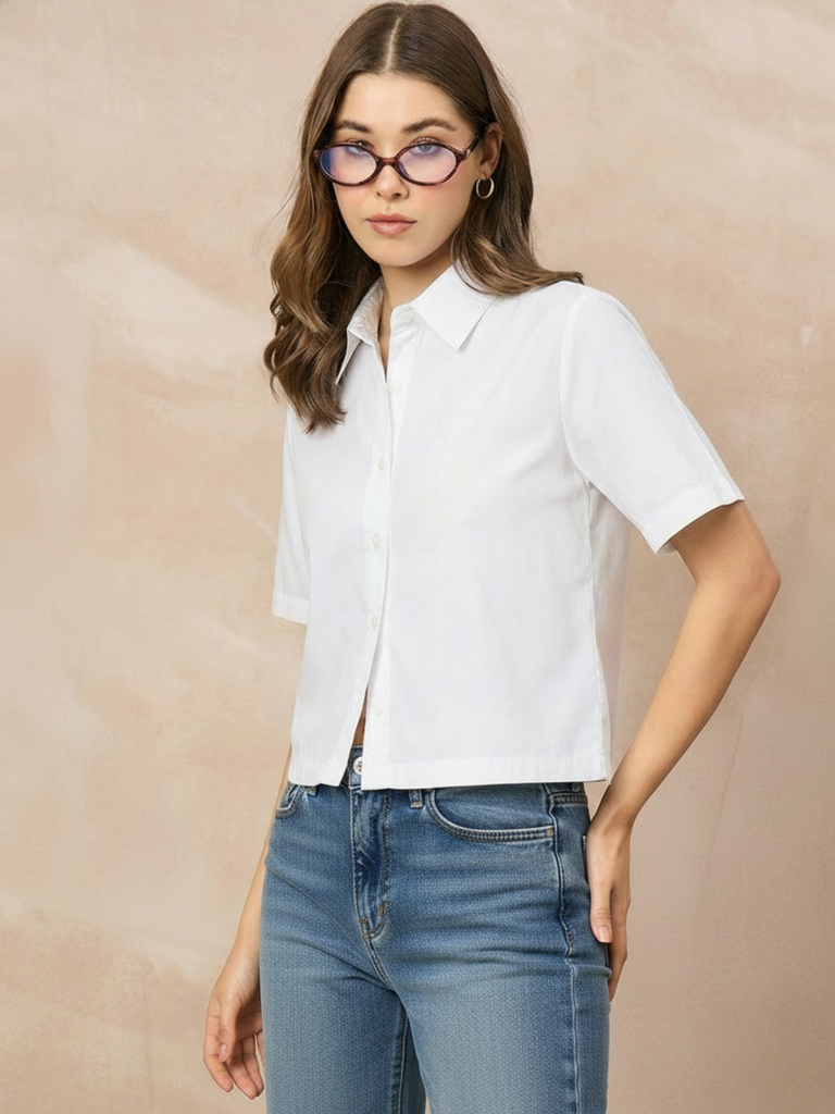 [ULSS25TP21-74-166-02] Pure Cotton Half Sleeve Shirt (S, White)