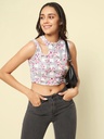 Printed Stretchable Shoulder Cutout Crop Top