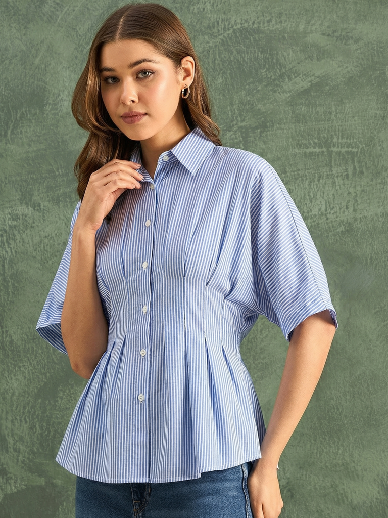 [ULSS25TP21-03-292-02] Drop Shoulder Pleated Pure Cotton Shirt (S, Blue)