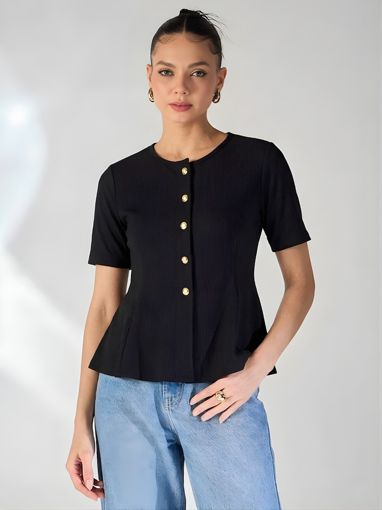 [ULSS26TP21-88-013-02] Stretchable Ribbed Flared Peplum Top (S, Black)